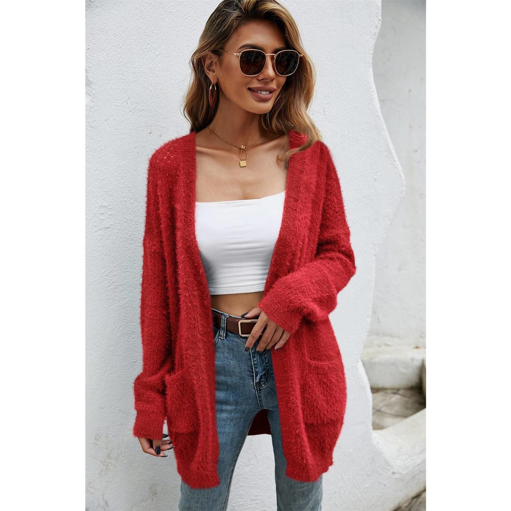 Open Front Openwork Fuzzy Cardigan with Pockets